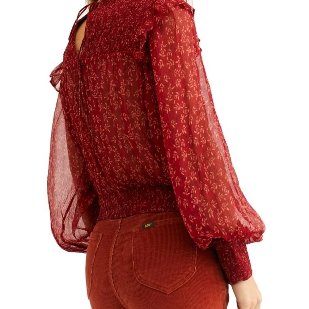 Free People Red Roma Blouse Sheer Floral Long Sleeve with Keyhole Back Small - Picture 4 of 15